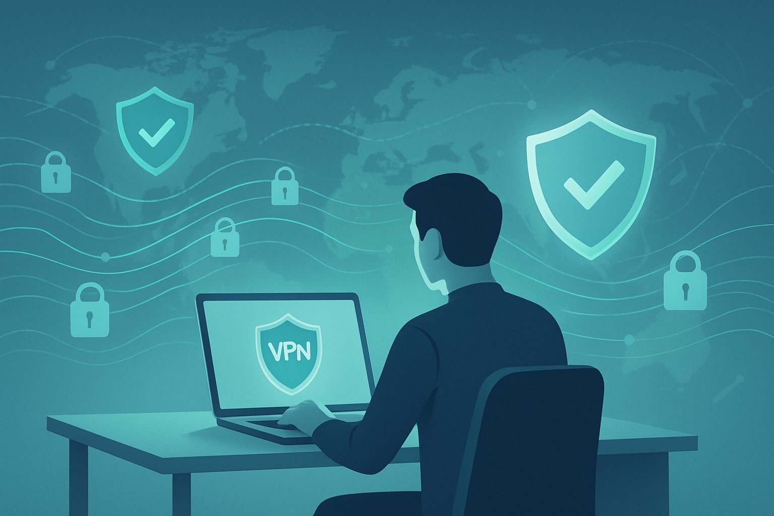 A person using a laptop surrounded by digital symbols of secure connections and encrypted data, representing online privacy and VPN use.