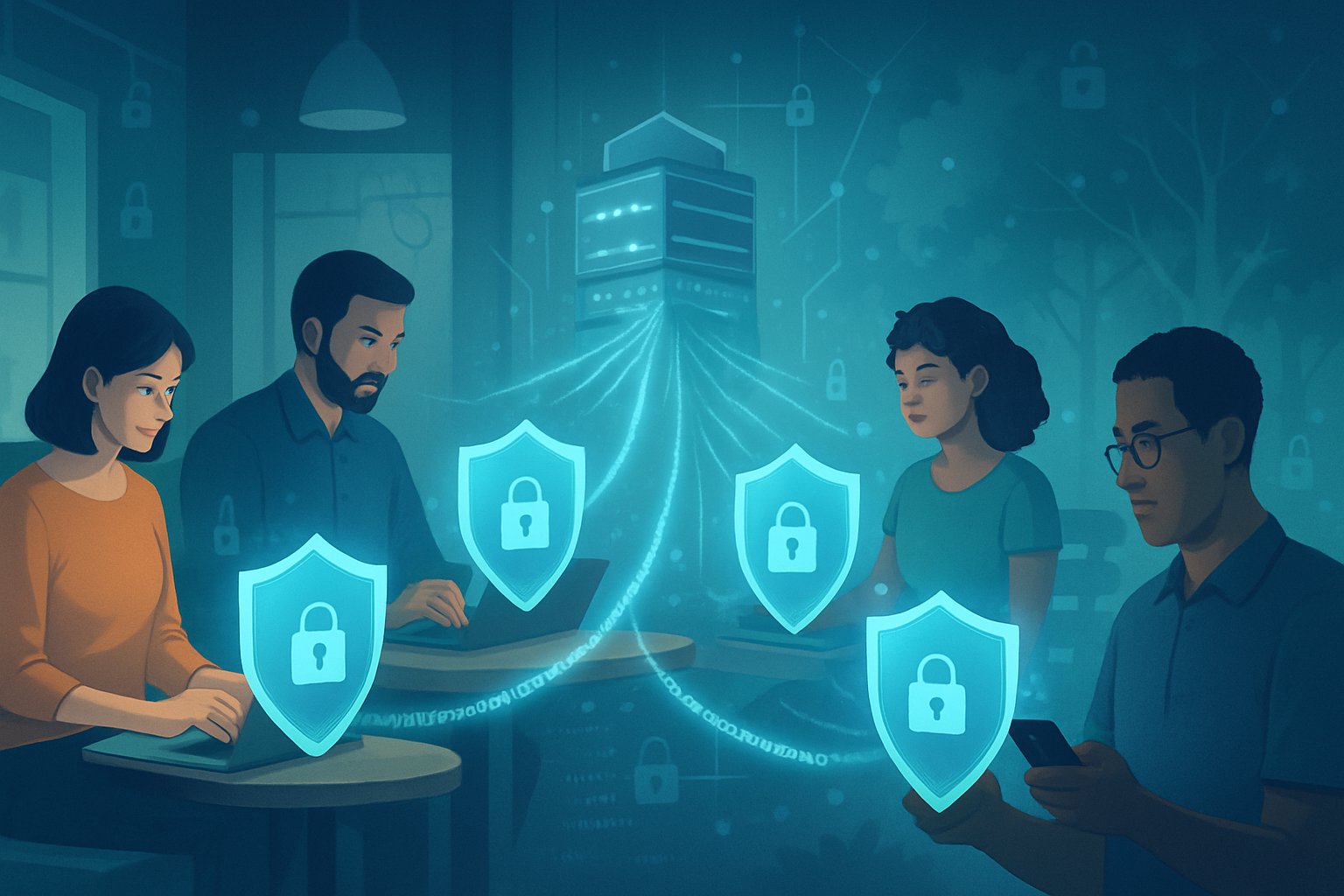 People using laptops and mobile devices in everyday settings connected to a glowing digital shield representing secure VPN connections protecting their online privacy.
