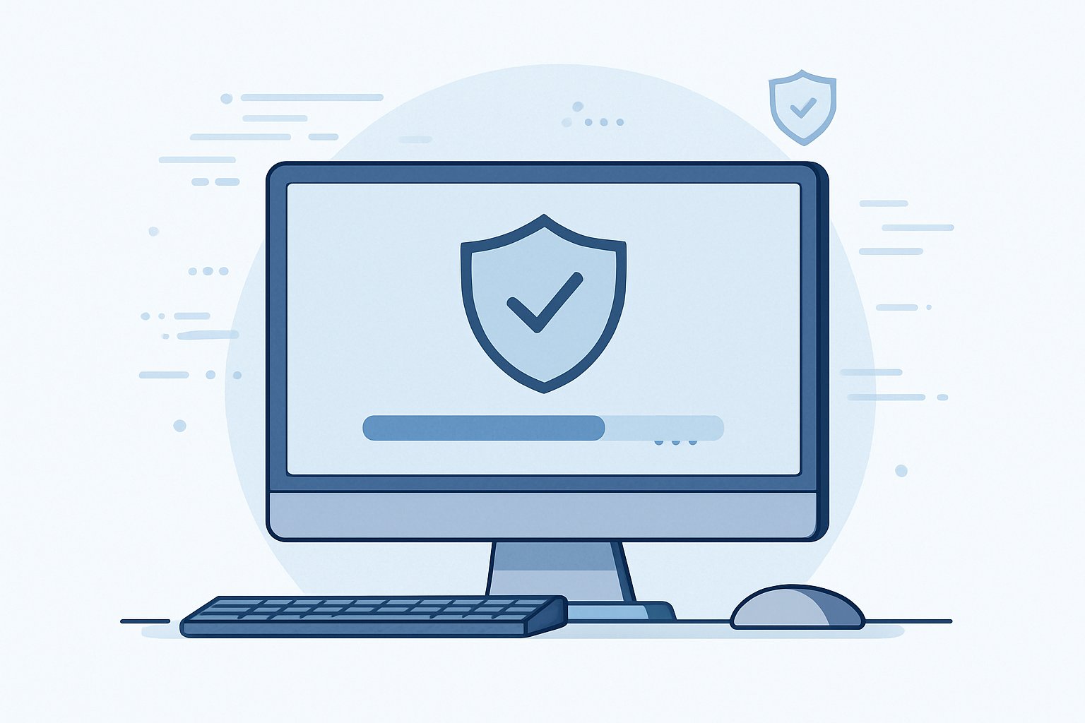 A desktop computer with a shield and checkmark on the screen, surrounded by icons representing antivirus scanning and computer protection.
