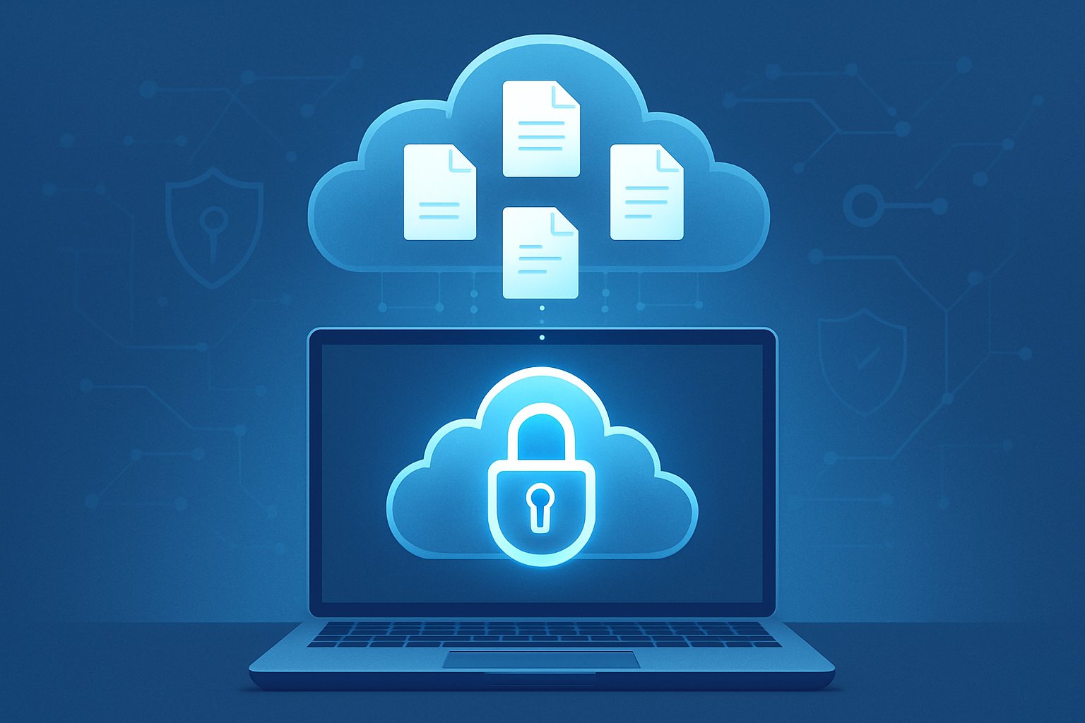 A laptop transferring data files securely into a cloud storage icon with a glowing padlock, surrounded by digital security symbols.
