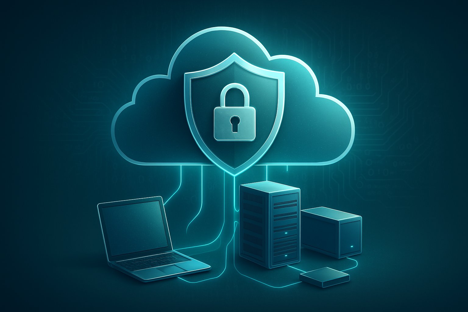 A digital cloud with a lock symbol above connected devices representing secure encrypted cloud storage for data backups.