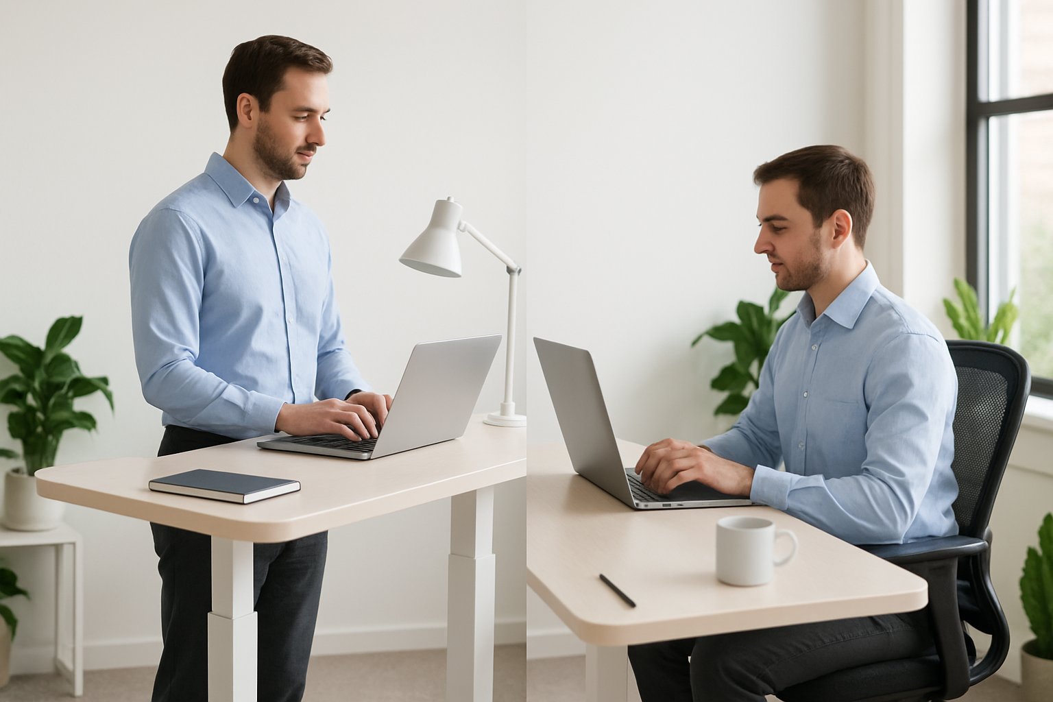 A person working at an adjustable standing desk in a bright office, alternating between sitting and standing positions.