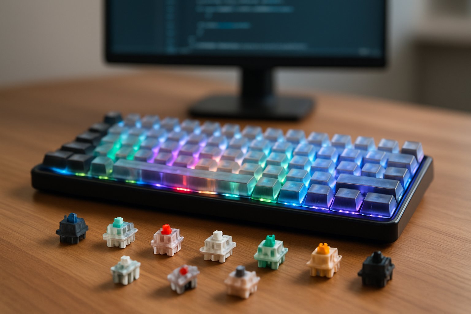 A modern desk with a mechanical keyboard featuring colorful illuminated keys and various keyboard switch components arranged nearby.