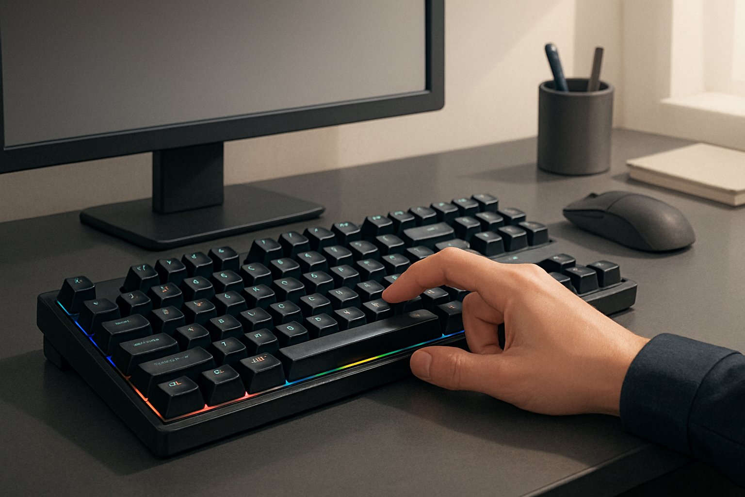 A hand typing on a mechanical keyboard on a clean desk with a computer monitor and mouse nearby.