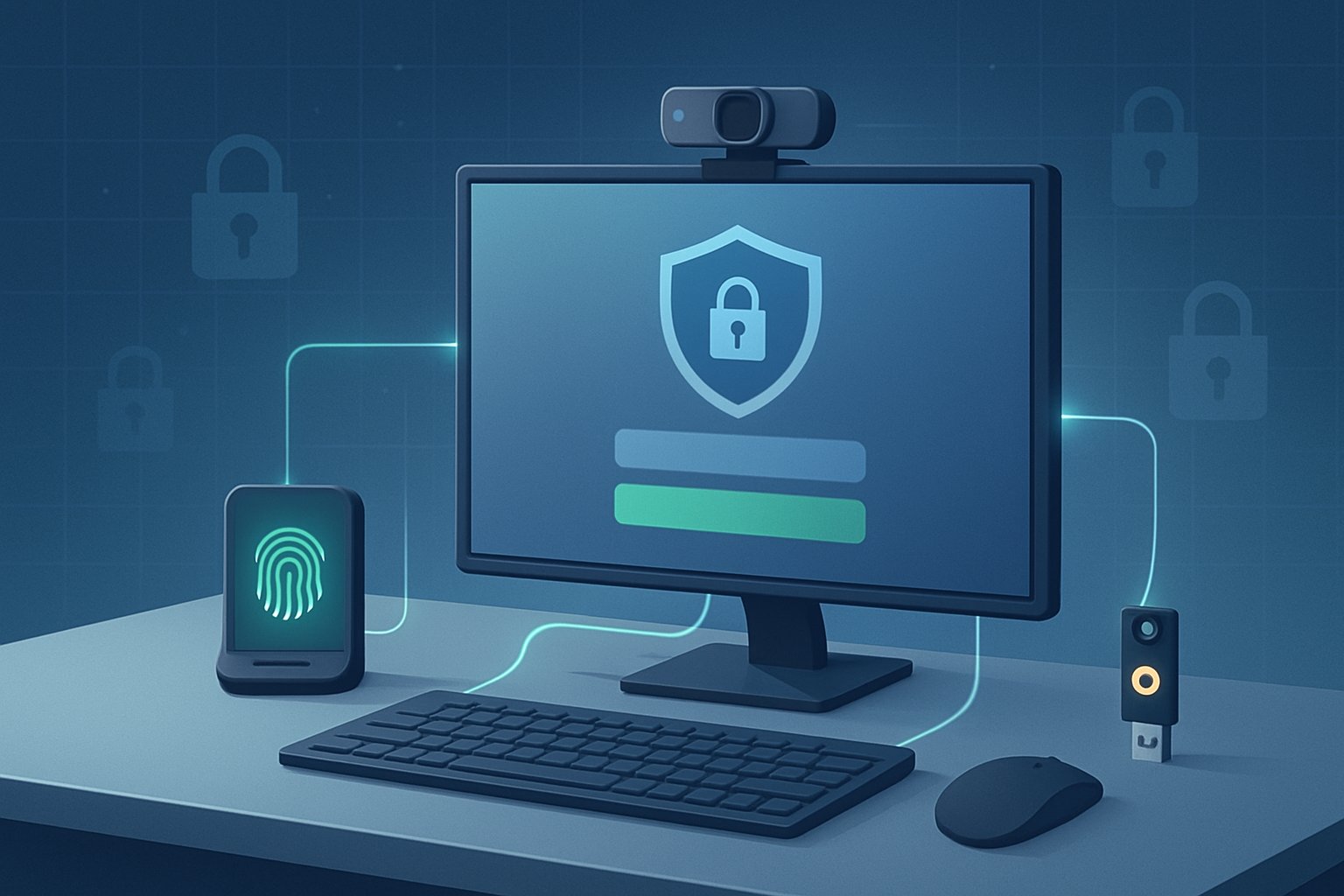 A modern digital workspace with security devices like a fingerprint scanner, hardware security key, and webcam privacy cover on a desk with a computer monitor showing a secure login screen.