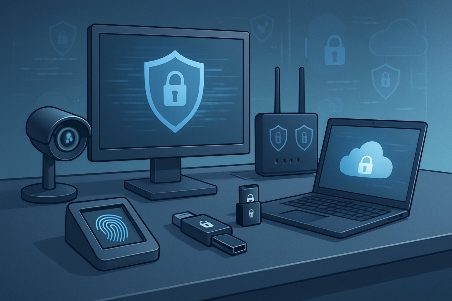 A modern digital workspace with advanced security devices like fingerprint scanners, biometric cameras, and encrypted USB drives connected to computers, showing a secure and protected environment.