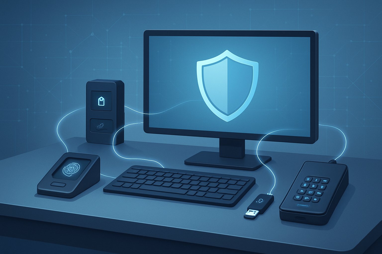 A modern office desk with high-tech security devices connected to a computer, symbolizing data protection and secure digital workspace.