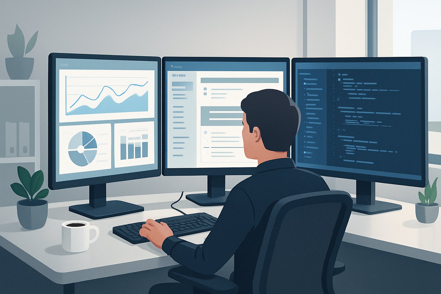 A person working at a desk with three computer monitors showing different productivity screens in a tidy office space.