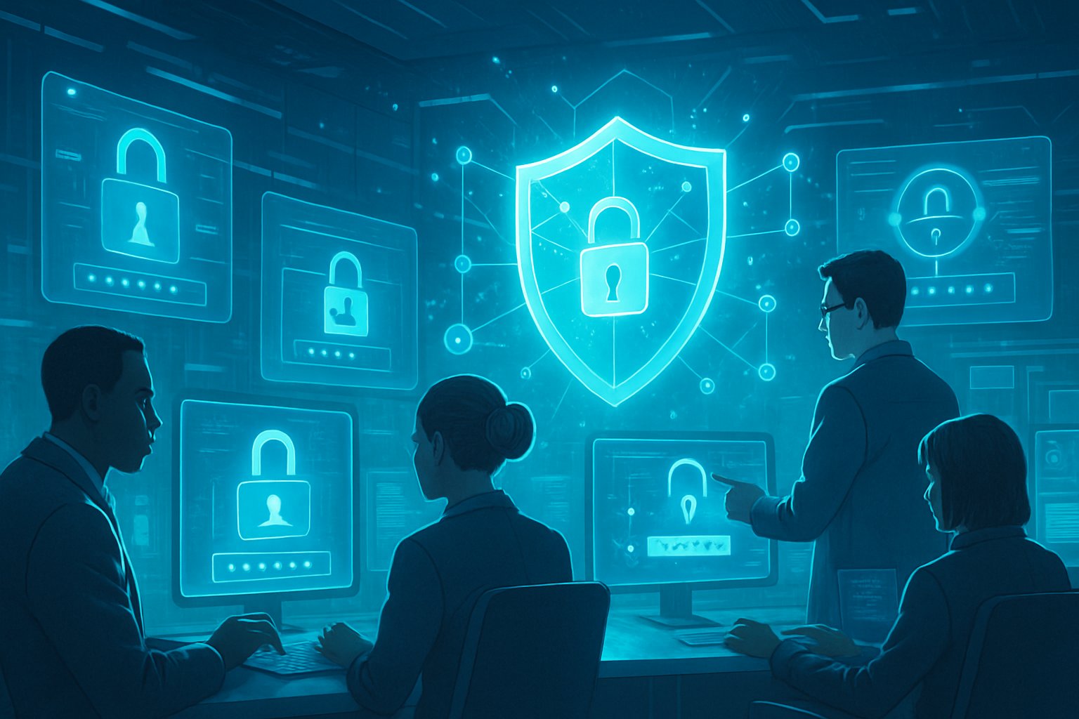 A group of IT professionals working with holographic screens displaying digital locks and security symbols inside a high-tech control room.