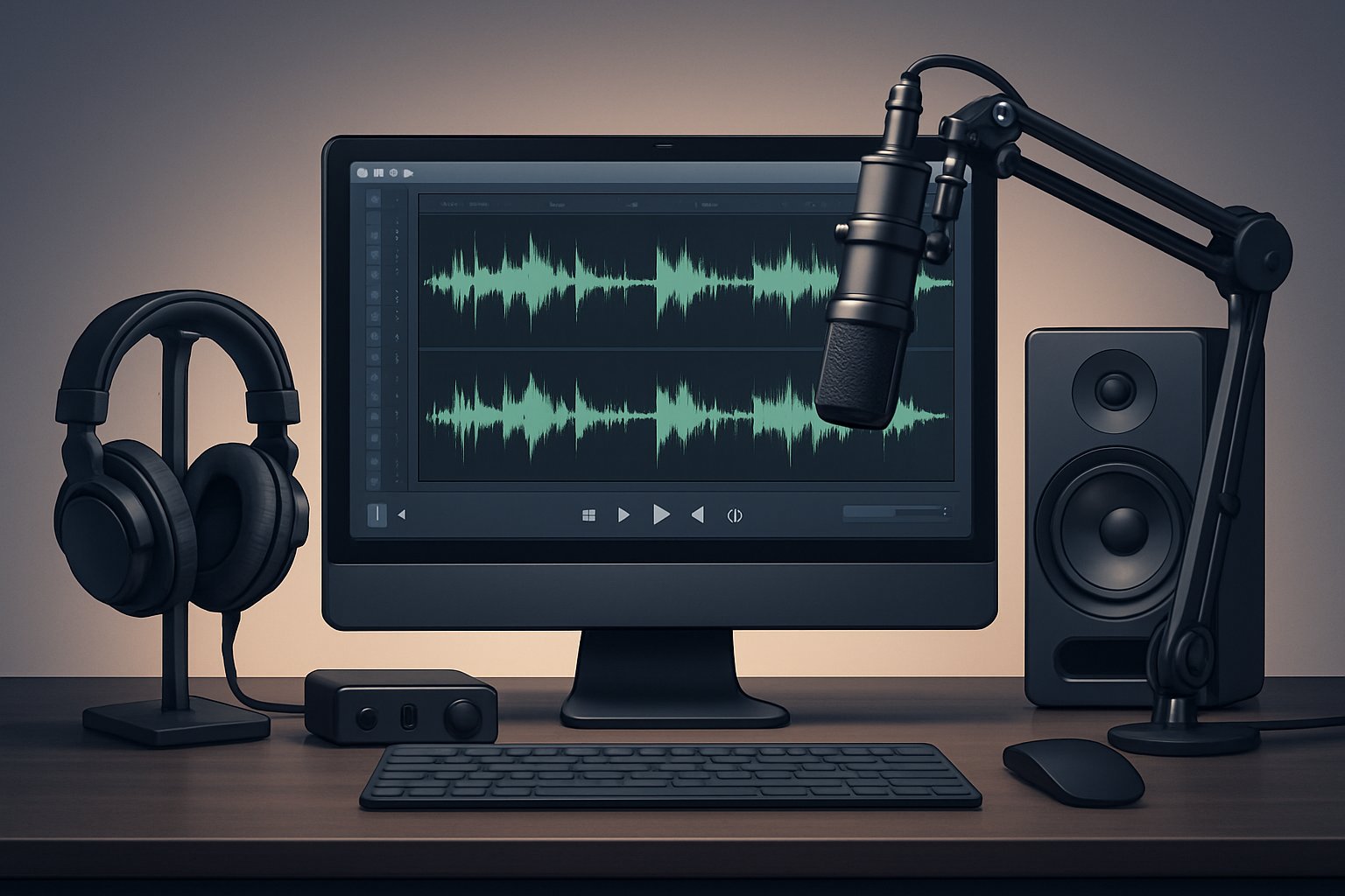 A modern computer workspace with professional headphones, microphone, speakers, and a monitor displaying audio software.