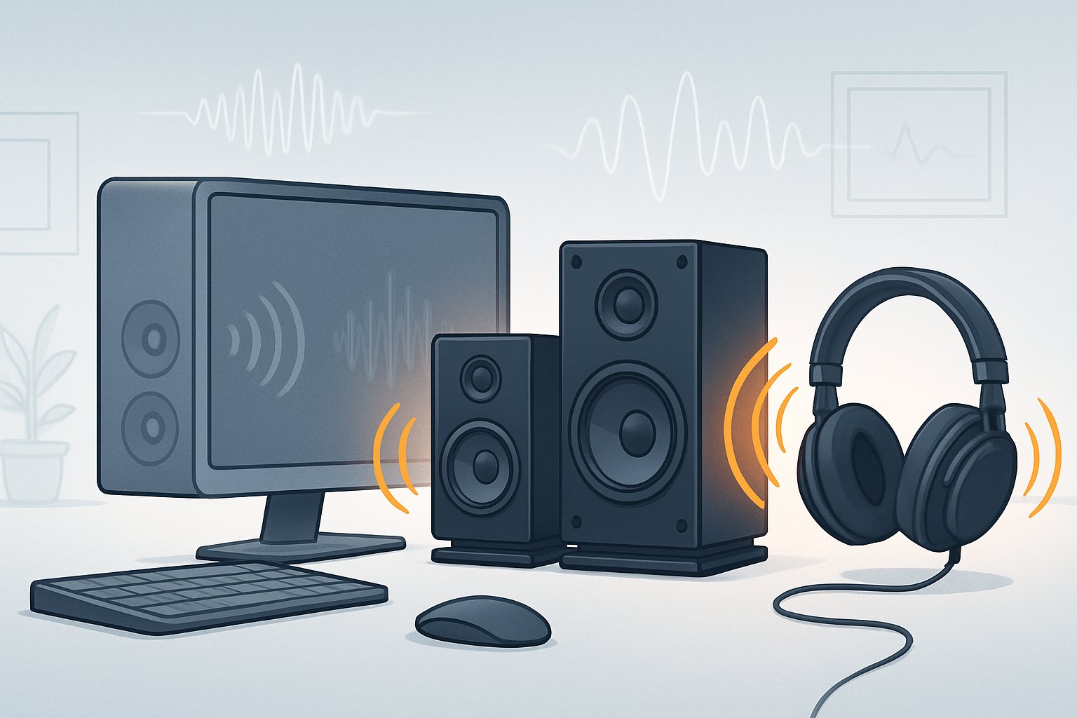 A computer setup showing built-in speakers with dull sound waves and external premium speakers producing clear, vibrant sound waves.
