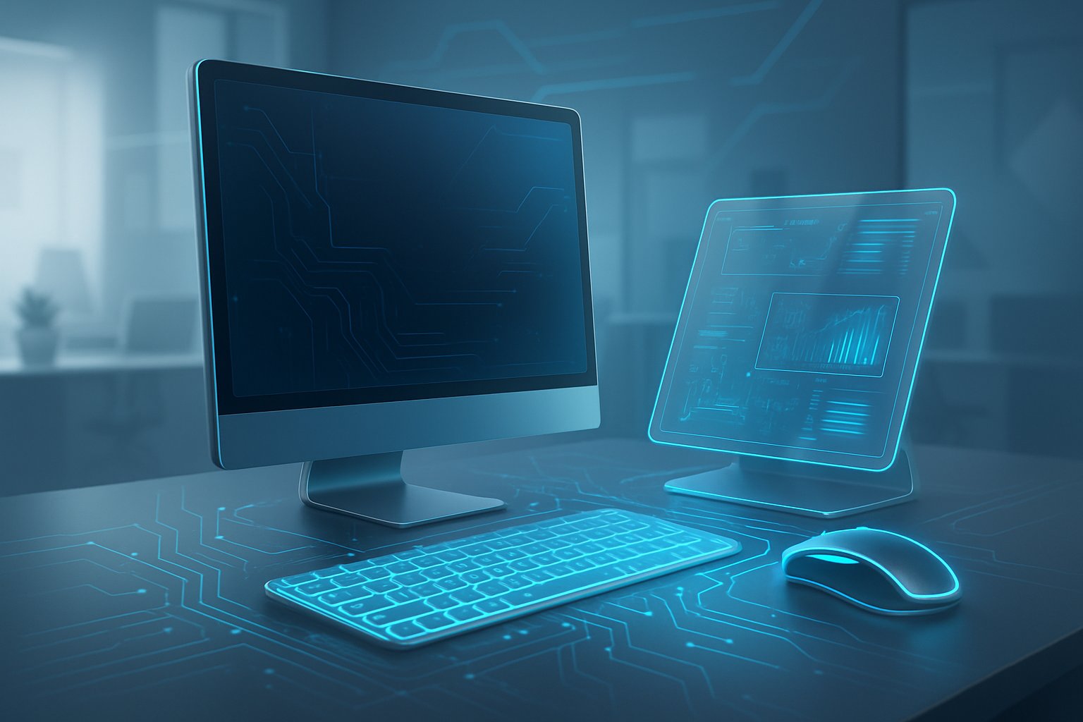 A modern workspace showing a desktop computer with advanced peripherals like a holographic keyboard, wireless mouse, and a floating touchscreen display surrounded by digital data streams.