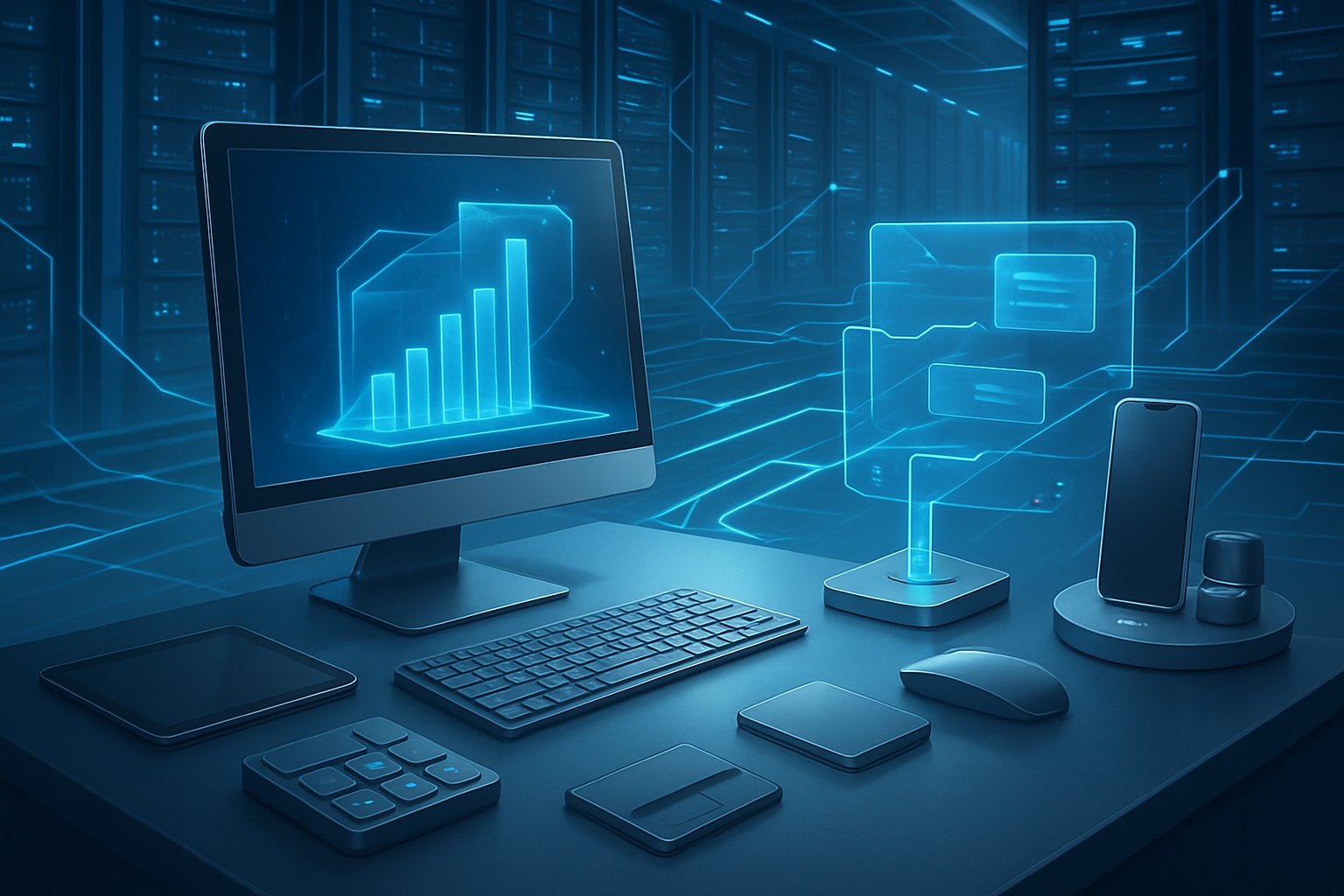 A futuristic computing setup with modern computer workstations connected to advanced peripheral devices and a high-tech data center in the background.