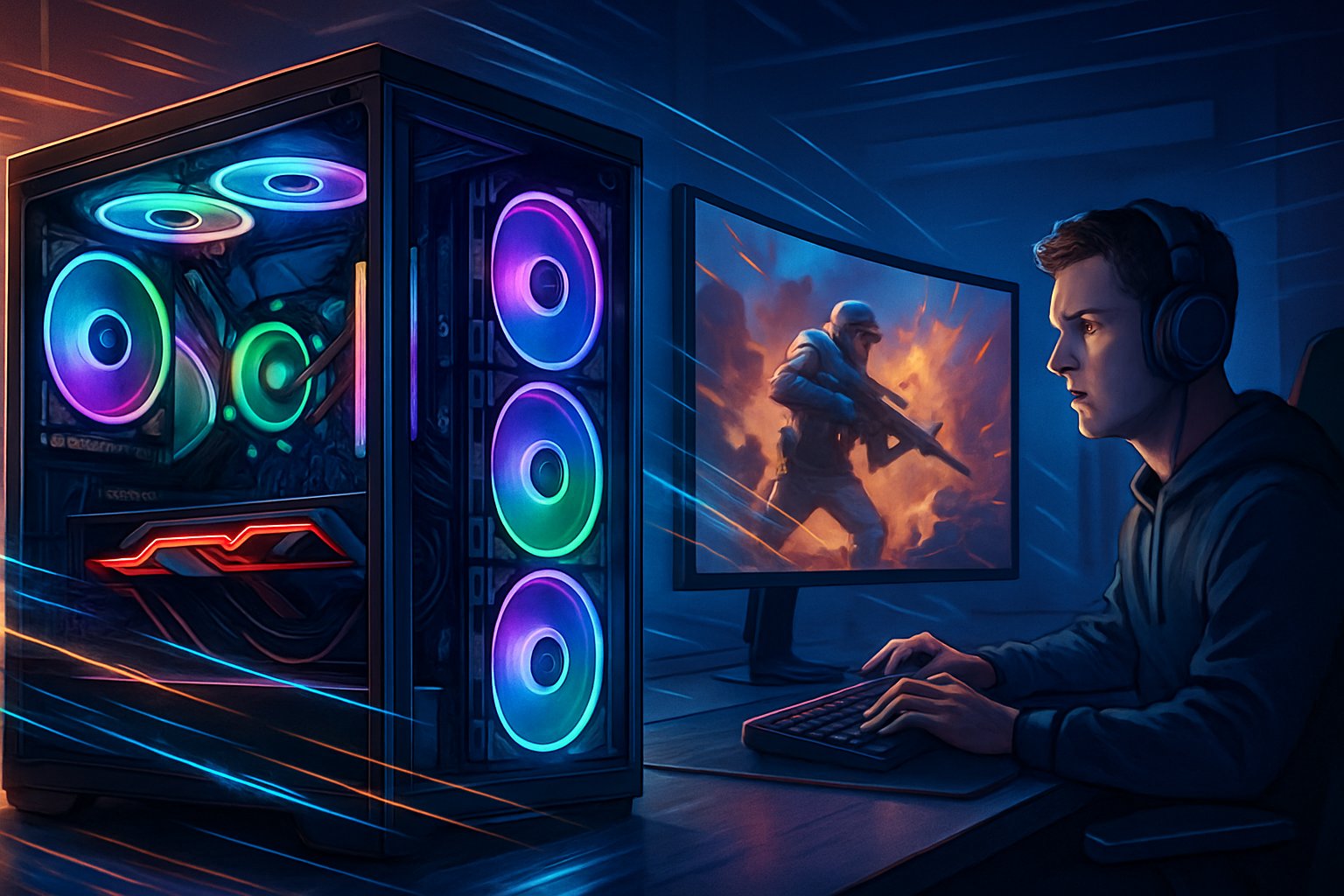 A gamer focused on a high-performance gaming PC with glowing internal components and a large curved monitor displaying an action game.