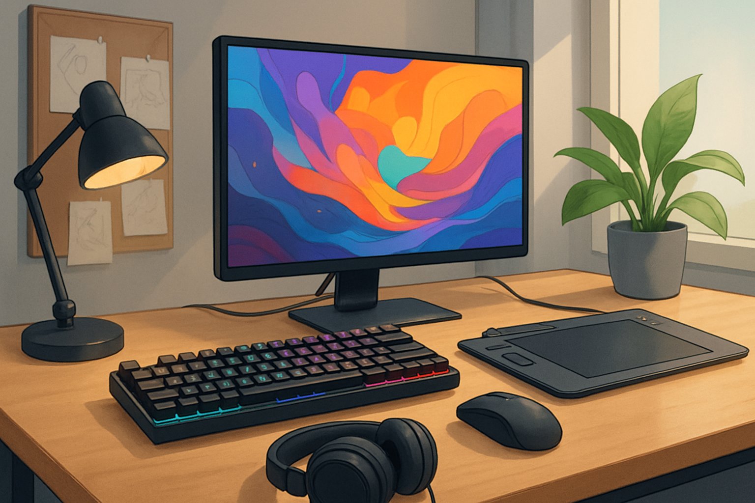 A creative workspace with a large monitor showing digital artwork, surrounded by a mechanical keyboard, ergonomic mouse, drawing tablet with stylus, and headphones on a tidy desk.